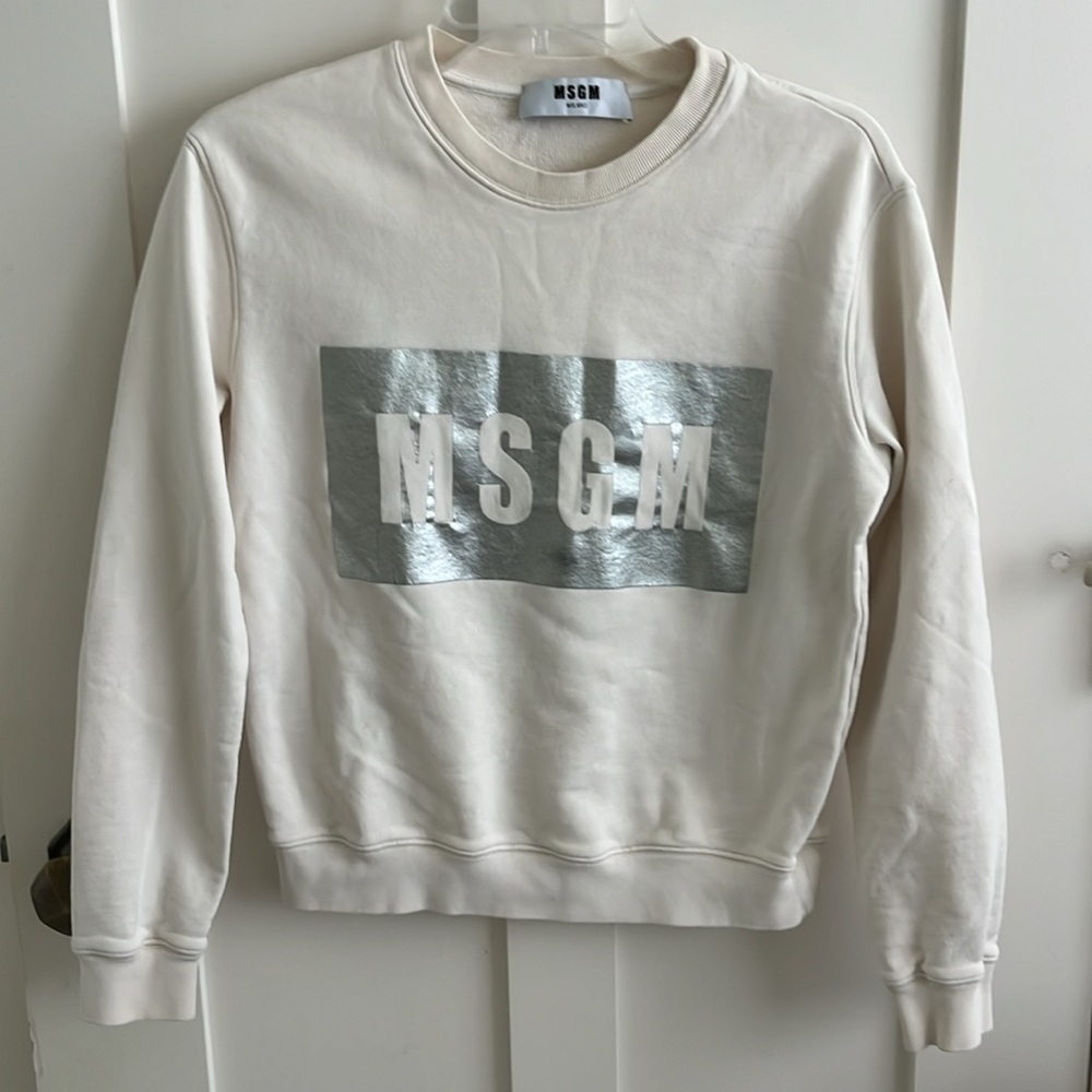 MSGM Milano Italy Ivory with Silver Logo Spellout Crew Sweatshirt sz S